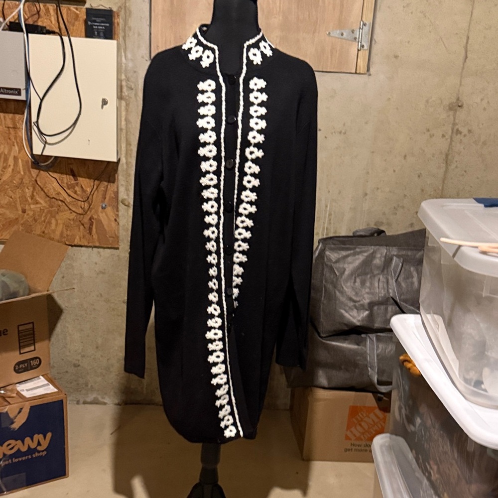 Susan Graver Black Cardigan with White Floral Accents
